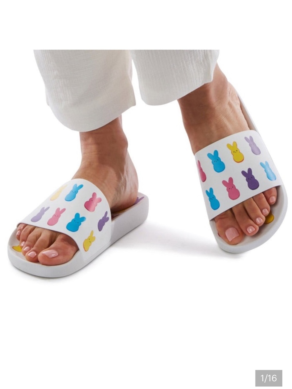 NWT Katy Perry White Perps Slide Sandals with Multicolor Bunny Print size 9
